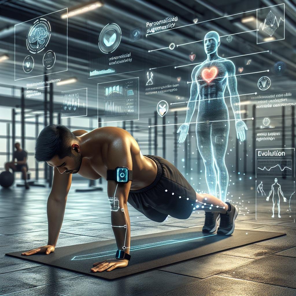 Person beim Plank-Training in einem high-tech Fitnessstudio mit holographischen Daten-Overlays und Robotertrainer, das die Zukunft des personalisierten Trainings zeigt.