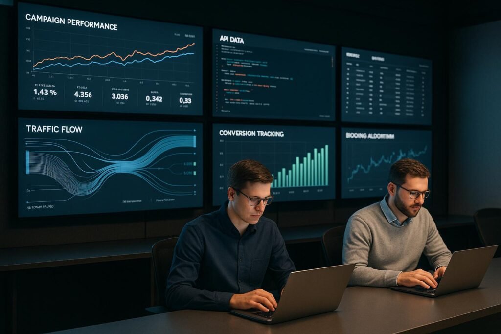 Modernes Control-Center eines digitalen Werbekampagnenteams mit Monitoren, Code, Performance-Metriken und Entwicklern in Business-Casual-Mode.