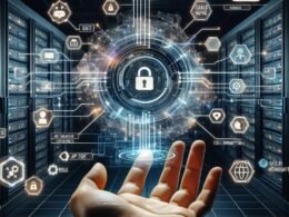 Futuristischer Arbeitsplatz mit holografischen Schnittstellen, Sicherheitsicons, Serverraum und digitalem Schutz, der Sicherheit und Innovation zeigt.