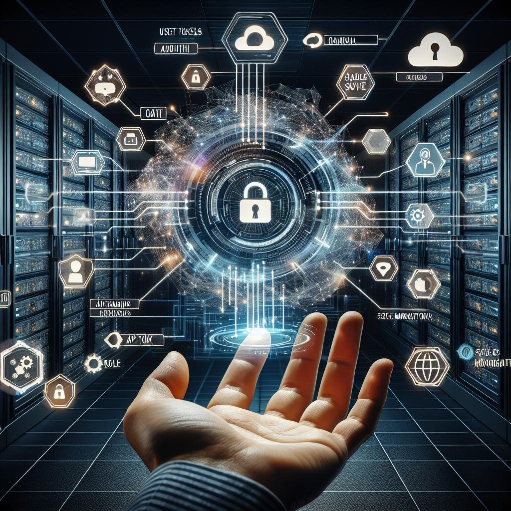 Futuristischer Arbeitsplatz mit holografischen Schnittstellen, Sicherheitsicons, Serverraum und digitalem Schutz, der Sicherheit und Innovation zeigt.