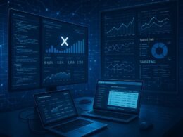 Digitales Arbeitszimmer mit mehreren Monitoren, Coding-Screens, Datenströmen und Strategietafeln, symbolisiert technische Taktiken im Ads-Management.