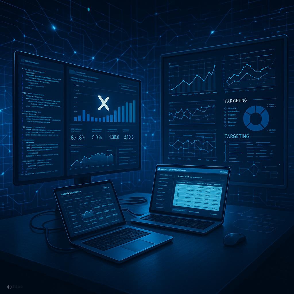 Digitales Arbeitszimmer mit mehreren Monitoren, Coding-Screens, Datenströmen und Strategietafeln, symbolisiert technische Taktiken im Ads-Management.