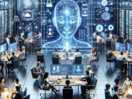 Futuristische Szene mit KI-Avatar, Datenströmen, Cloud-Infrastruktur und menschlicher Interaktion in einer modernen Arbeitsumgebung