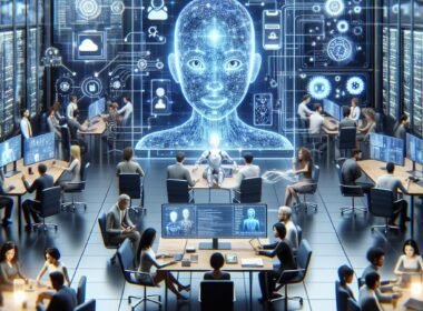 Futuristische Szene mit KI-Avatar, Datenströmen, Cloud-Infrastruktur und menschlicher Interaktion in einer modernen Arbeitsumgebung