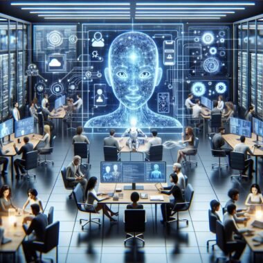 Futuristische Szene mit KI-Avatar, Datenströmen, Cloud-Infrastruktur und menschlicher Interaktion in einer modernen Arbeitsumgebung