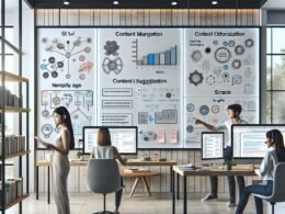 Junges Marketing-Team arbeitet in einem modernen, minimalistischen Büro mit digitalem Whiteboard und KI-Tools, im Hintergrund Bücher zu KI und Digitalmarketing.