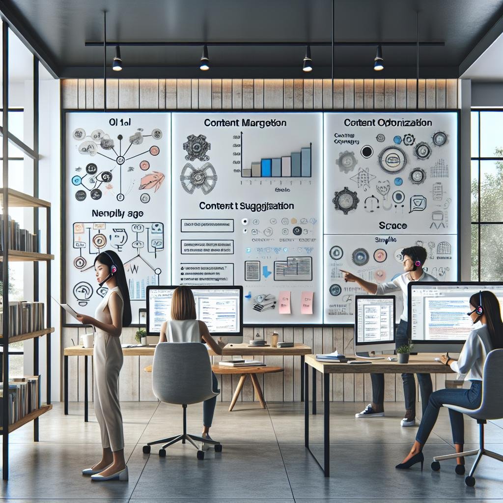 Junges Marketing-Team arbeitet in einem modernen, minimalistischen Büro mit digitalem Whiteboard und KI-Tools, im Hintergrund Bücher zu KI und Digitalmarketing.