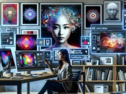 Mobiler Arbeitsplatz mit mehreren Bildschirmen, die AI-generierte Kunstwerke und UI für KI-Bildgeneratoren zeigen, während eine Person Prompts auf einem Laptop eingibt, im Hintergrund Motivationsposter und Designbücher. Credit: 404 Magazine (Tobias Hager).