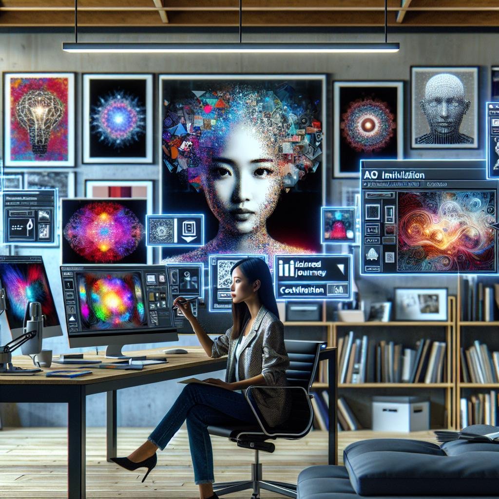 Mobiler Arbeitsplatz mit mehreren Bildschirmen, die AI-generierte Kunstwerke und UI für KI-Bildgeneratoren zeigen, während eine Person Prompts auf einem Laptop eingibt, im Hintergrund Motivationsposter und Designbücher. Credit: 404 Magazine (Tobias Hager).