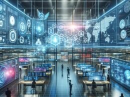 Futuristisches Marketing-Command-Center mit holographischen Bildschirmen, Fachleuten und Stadtblick bei Nacht, symbolisiert Cloud AI Innovation.