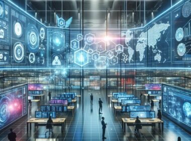 Futuristisches Marketing-Command-Center mit holographischen Bildschirmen, Fachleuten und Stadtblick bei Nacht, symbolisiert Cloud AI Innovation.