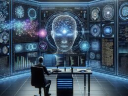 Futuristischer Arbeitsplatz mit holographischem Bildschirm, neuronalen Netzen und Datenströmen, in einem High-Tech-Design mit einem Marketer in Business-Kleidung.