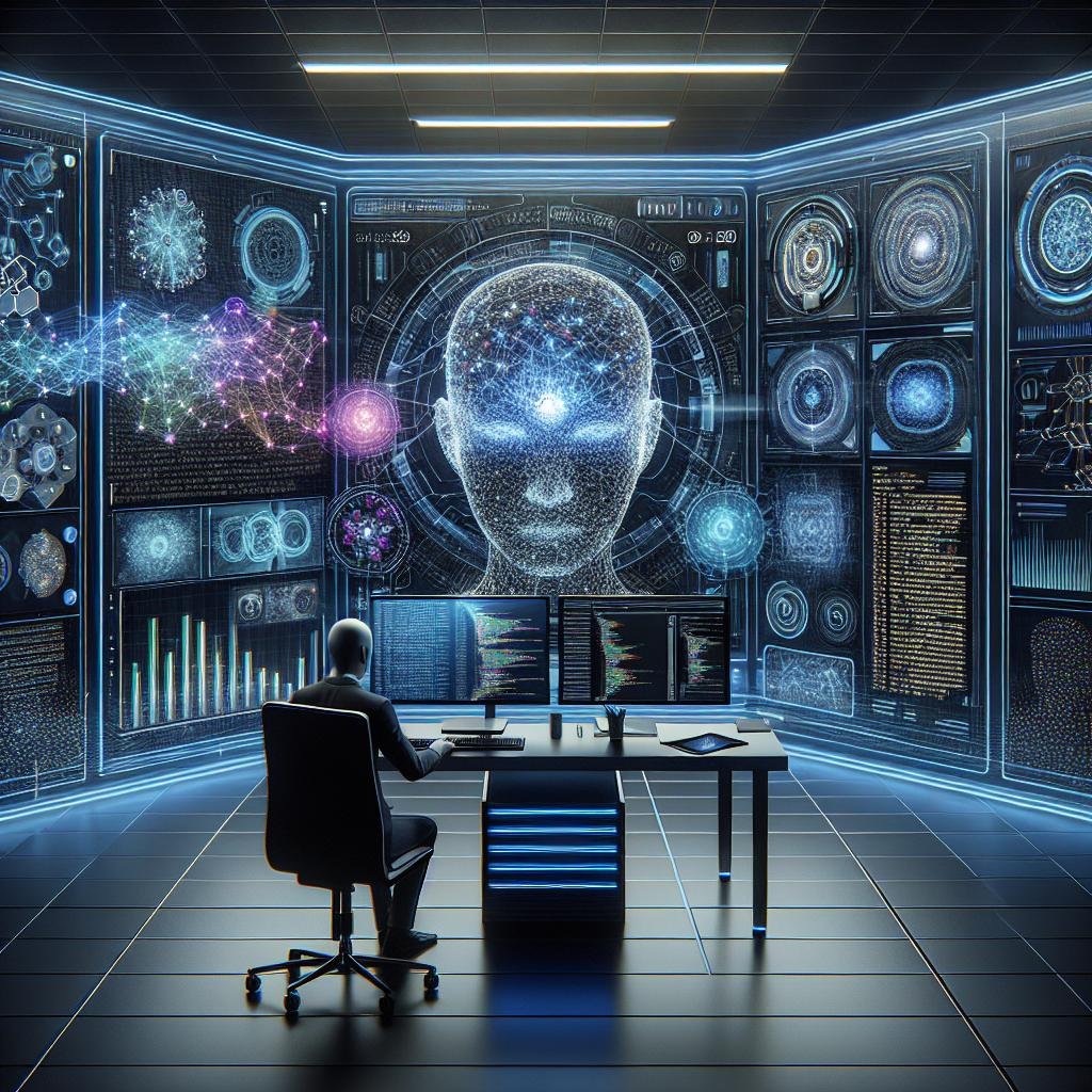 Futuristischer Arbeitsplatz mit holographischem Bildschirm, neuronalen Netzen und Datenströmen, in einem High-Tech-Design mit einem Marketer in Business-Kleidung.