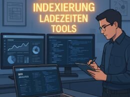 Moderne Website im Dashboard-Design mit Monitoren, Code und SEO-Analysetools, Entwickler im Hintergrund, in einem professionellen Büro.