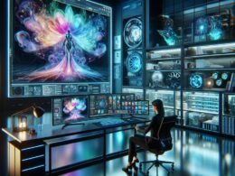Futuristisches Arbeitszimmer mit holographischem Bildschirm, modernem Setup und digitaler Kunst, inspiriert von innovativer Technologie.
