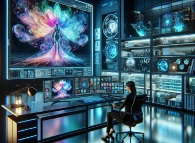 Futuristisches Arbeitszimmer mit holographischem Bildschirm, modernem Setup und digitaler Kunst, inspiriert von innovativer Technologie.