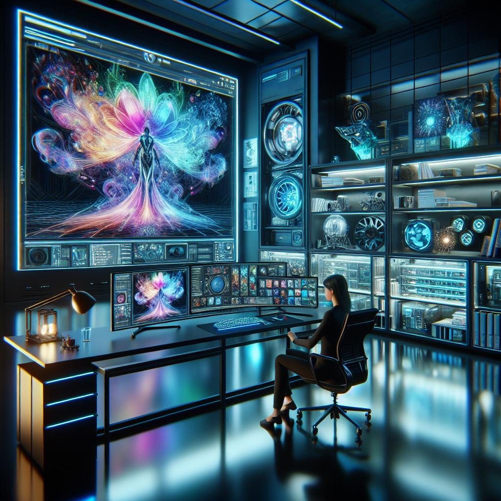 Futuristisches Arbeitszimmer mit holographischem Bildschirm, modernem Setup und digitaler Kunst, inspiriert von innovativer Technologie.