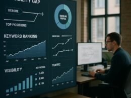 Modernes Büro mit digitalem SEO-Dashboard, das Metriken und Graphen zeigt, mit einer Person, die Daten analysiert