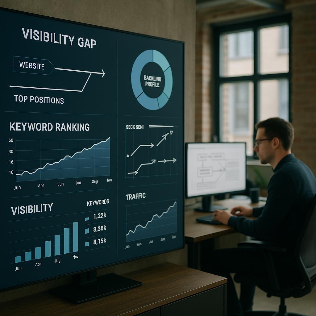 Modernes Büro mit digitalem SEO-Dashboard, das Metriken und Graphen zeigt, mit einer Person, die Daten analysiert