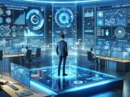 Ein hochmodernes Marketing-Controlzentrum mit holographischen Diagrammen, Datenanalysen und einem Entwickler, der Daten auf einem transparenten Touchscreen manipuliert, beleuchtet mit blauen LED-Lichtern, Copyright: 404 Magazine (Tobias Hager)