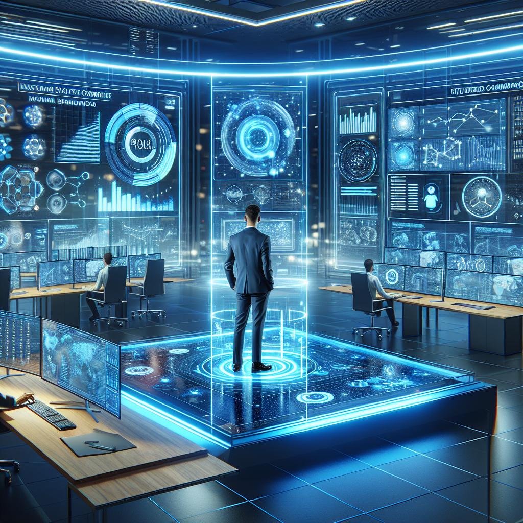 Ein hochmodernes Marketing-Controlzentrum mit holographischen Diagrammen, Datenanalysen und einem Entwickler, der Daten auf einem transparenten Touchscreen manipuliert, beleuchtet mit blauen LED-Lichtern, Copyright: 404 Magazine (Tobias Hager)