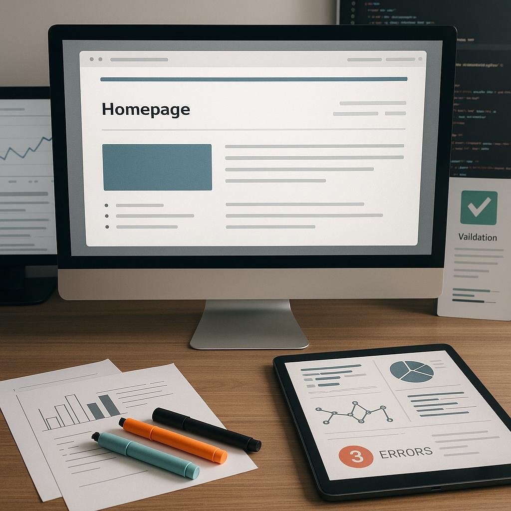 Moderner Arbeitsplatz mit Computer, Analyse-Tools, Notizblättern und Tablet zur Datenvisualisierung
