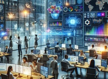 Futuristisches Marketingbüro in Oberhausen mit digitalen Displays, holographischen Schnittstellen und Experten, die Datenanalyse betreiben.