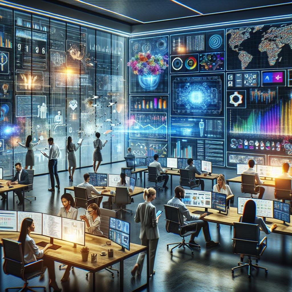 Futuristisches Marketingbüro in Oberhausen mit digitalen Displays, holographischen Schnittstellen und Experten, die Datenanalyse betreiben.