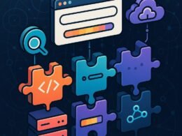 Futuristische Webarchitektur mit bunten Modulen, schematischen Verbindungen und einem schwebenden Browser, symbolisiert dezentrale, skalierbare Webstrukturen.