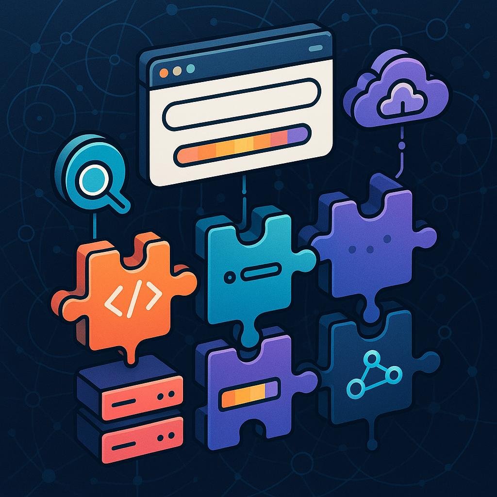 Futuristische Webarchitektur mit bunten Modulen, schematischen Verbindungen und einem schwebenden Browser, symbolisiert dezentrale, skalierbare Webstrukturen.