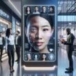 Modernes Einzelhandelsumfeld mit digitaler Beschilderung und Gesichtserkennungstechnologie, die Kunden emotionalen Status und Demografie analysiert.