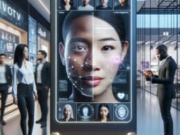 Modernes Einzelhandelsumfeld mit digitaler Beschilderung und Gesichtserkennungstechnologie, die Kunden emotionalen Status und Demografie analysiert.