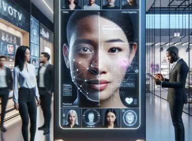 Modernes Einzelhandelsumfeld mit digitaler Beschilderung und Gesichtserkennungstechnologie, die Kunden emotionalen Status und Demografie analysiert.