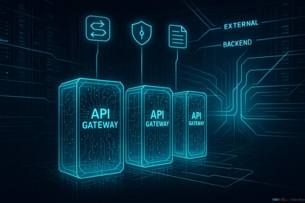 Futuristischer Serverraum mit leuchtenden API-Gateways und visualisierten Datenströmen in dunkler Umgebung