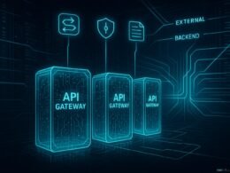 Futuristischer Serverraum mit leuchtenden API-Gateways und visualisierten Datenströmen in dunkler Umgebung