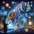 Digitales Marketing-Szene mit einem tigerförmigen, leuchtenden Schaltkreis-Tiger, holographischen Interfaces und automatisierten Robotiksystemen