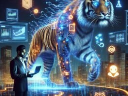 Digitales Marketing-Szene mit einem tigerförmigen, leuchtenden Schaltkreis-Tiger, holographischen Interfaces und automatisierten Robotiksystemen