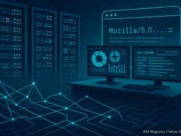 Serverraum mit leuchtenden Serverracks, Computermonitoren mit Analyse-Dashboards und digitalen Netzwerkvisualisierungen, stilisierter Webbrowser mit User-Agent-String, Credit: 404 Magazine (Tobias Hager)