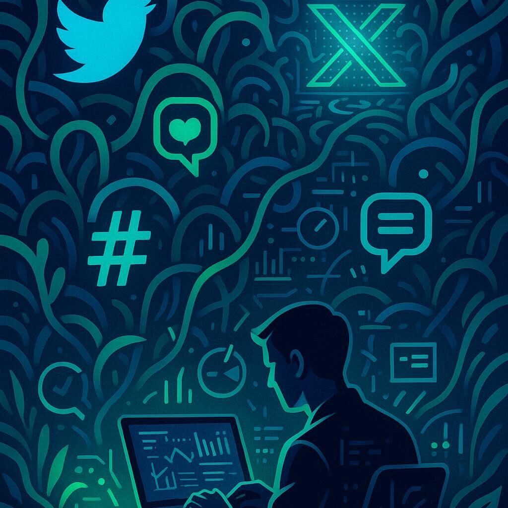 Abstraktes Digital-Dschungelbild mit leuchtenden Social-Media-Icons, Person am Laptop und futuristischen Elementen, symbolisiert die dynamische Welt des X-Algorithmus.