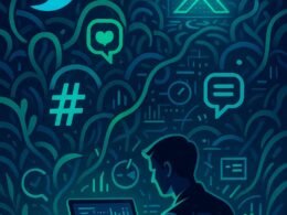 Abstraktes Digital-Dschungelbild mit leuchtenden Social-Media-Icons, Person am Laptop und futuristischen Elementen, symbolisiert die dynamische Welt des X-Algorithmus.