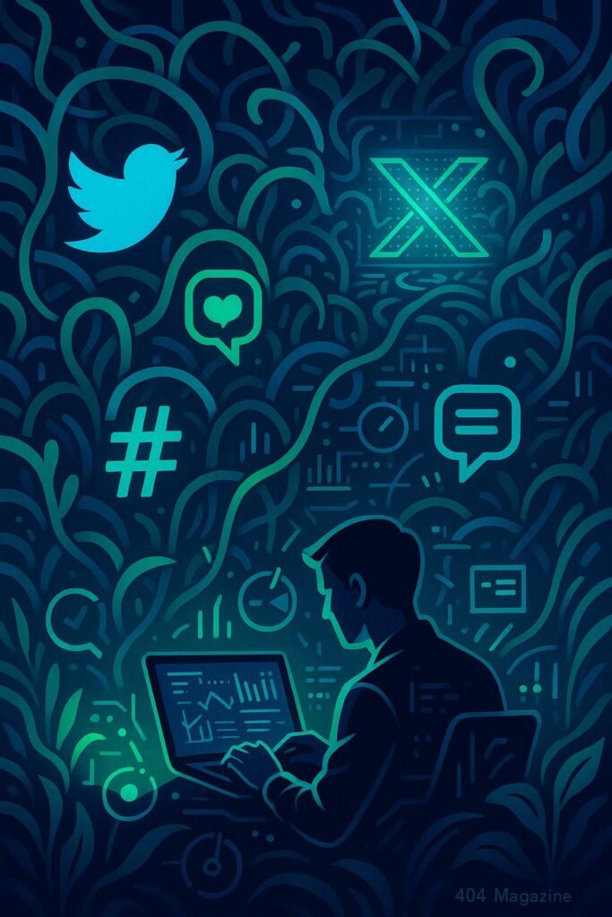 Abstraktes Digital-Dschungelbild mit leuchtenden Social-Media-Icons, Person am Laptop und futuristischen Elementen, symbolisiert die dynamische Welt des X-Algorithmus.