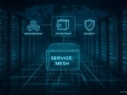 Hochmodernes Rechenzentrum mit holographischen Server-Racks, leuchtenden Linien für Datenverkehr, schematischen Darstellungen von Microservices, API-Gateways, Sicherheitsmodulen und einer globalen digitalen Weltkarte.