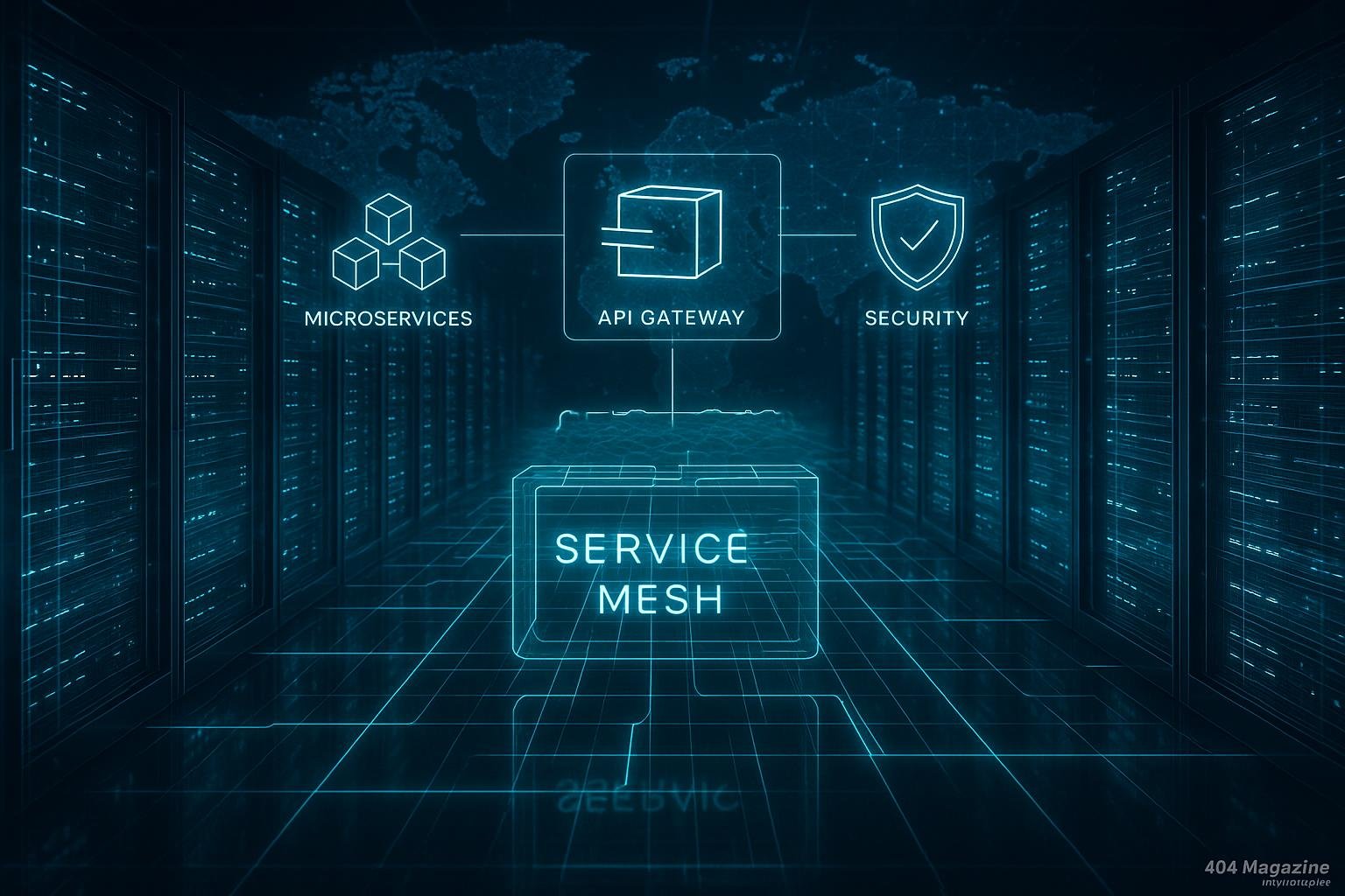 Hochmodernes Rechenzentrum mit holographischen Server-Racks, leuchtenden Linien für Datenverkehr, schematischen Darstellungen von Microservices, API-Gateways, Sicherheitsmodulen und einer globalen digitalen Weltkarte.