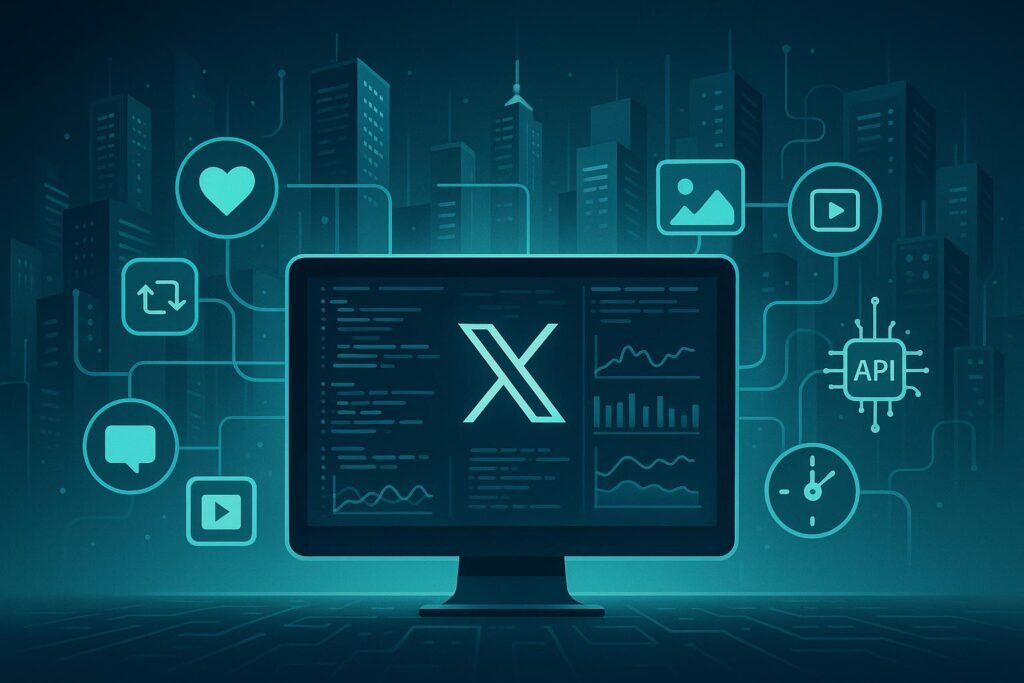 Stilisierte Darstellung eines Computerbildschirms mit codierten Daten und Graphen, umgeben von Server-Racks und Netzwerkstrukturen, mit Icons für Engagement, Medienformate und technische Elemente, in futuristischem Blau-Grün-Silber-Farbton.