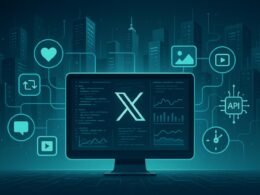 Stilisierte Darstellung eines Computerbildschirms mit codierten Daten und Graphen, umgeben von Server-Racks und Netzwerkstrukturen, mit Icons für Engagement, Medienformate und technische Elemente, in futuristischem Blau-Grün-Silber-Farbton.