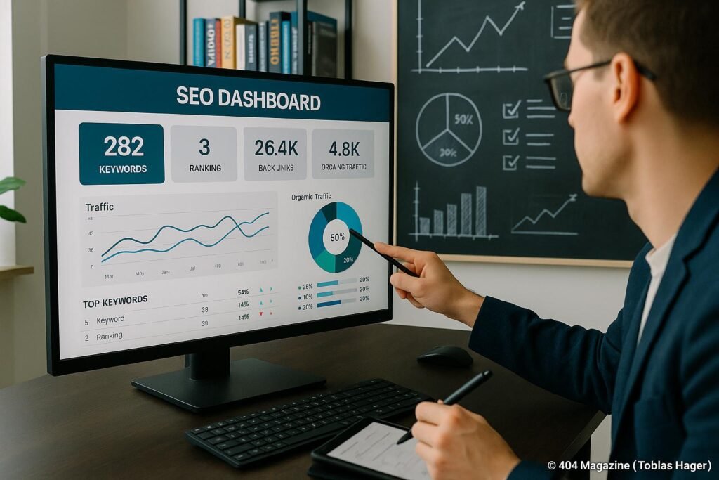 Moderner Arbeitsplatz im Digitalmarketing-Büro mit großem Bildschirm, Person zeigt auf Dashboard, im Hintergrund Bücherregale und Diagramme, helle Atmosphäre.
