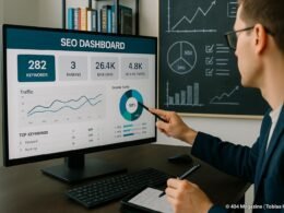 Moderner Arbeitsplatz im Digitalmarketing-Büro mit großem Bildschirm, Person zeigt auf Dashboard, im Hintergrund Bücherregale und Diagramme, helle Atmosphäre.