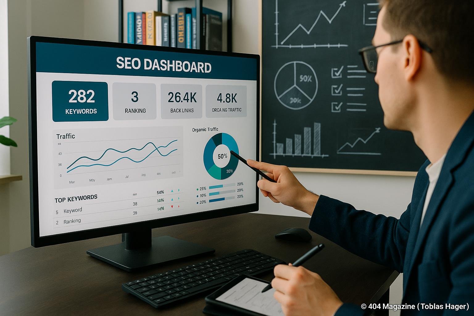 Moderner Arbeitsplatz im Digitalmarketing-Büro mit großem Bildschirm, Person zeigt auf Dashboard, im Hintergrund Bücherregale und Diagramme, helle Atmosphäre.