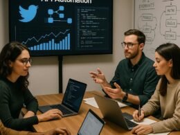 Team arbeitet in modernem Büro an Twitter-API-Automatisierung mit Grafiken, Code und Whiteboards