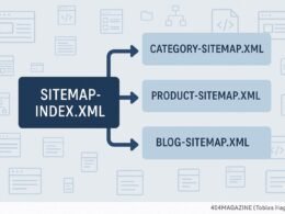 Moderne technische Sitemap-Grafik einer großen Website mit zentraler Sitemap-Indexdatei und thematischen Sitemaps, Hintergrund mit schematischen Icons, in Blau- und Grautönen, erstellt für 404 Magazine (Tobias Hager).